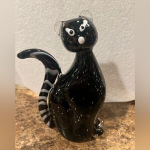 Vintage Murano Art Glass Cat Black Striped tail Applied eyes nose 8"h Italy
